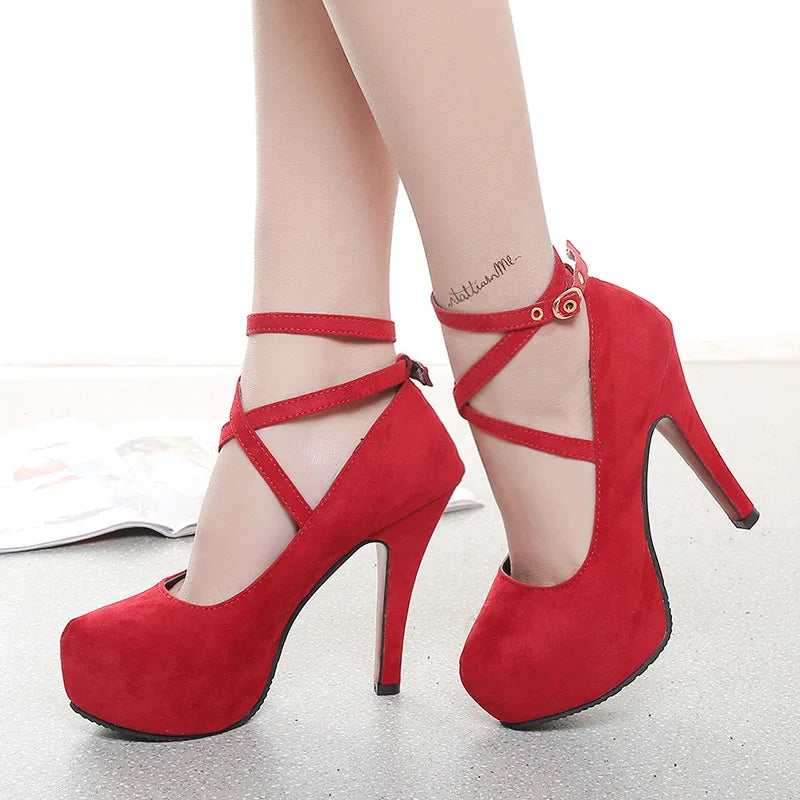 2024 Summer Outdoor Dress Ankle Strap Bukle Strap Women's Pumps Round Toe Thin Heel Shoes for Women High Heel Shallow Shoes