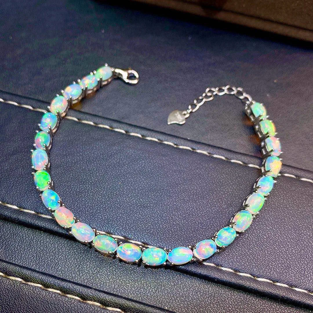 925 Sterling Silver Natural Opal Simple Bracelet Colorful Stone Bracelet Women's Fine Wedding Jewelry 24 Pc 4*6mm Fine Jewelry