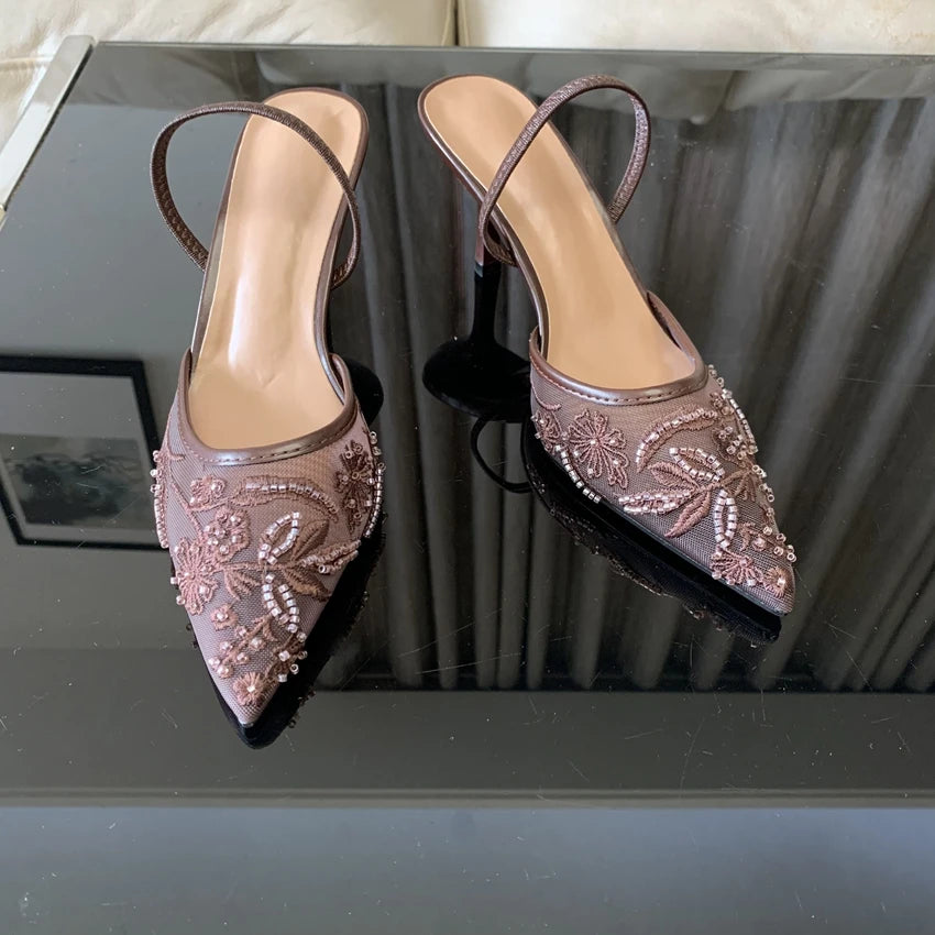 Summer Pointed Toe Mesh Embroider High Heels for ladies Elegant String Bead pumps Sexy Luxury Designer Shoe Brown Heeled Sandals