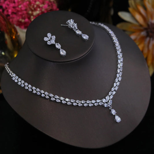 New Design Luxury Cubic Zirconia Water Drop Necklace Earrings Set for Women High Quality Wedding Party Dress Jewelry