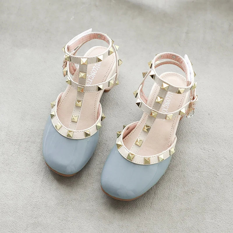 Spring Style Baotou Cool Kids' Shoes with Buckle Rivets School Performance Girl' Shoes with Heel Bright Diamond Children's Shoes