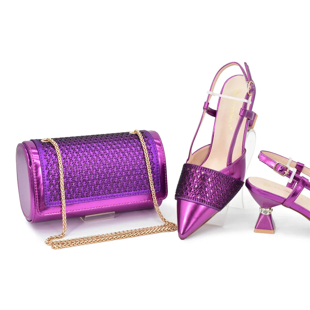 Fashion Women Italian Shoes and Matching Bags Sets Decorated with Rhinestone Fashion Party Shoes and Bag Match for Women