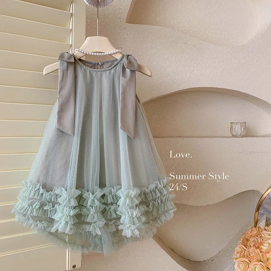 2024 Summer Korean Girls New Sleeveless Bow Solid Color Sweet and Gentle Princess Dress Childrens Trend