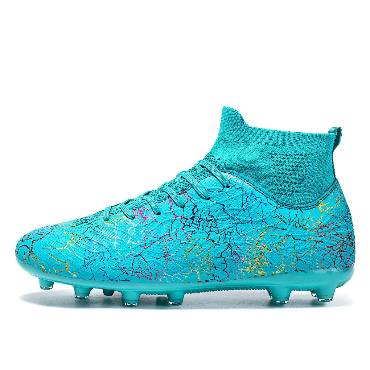 High quality, high-top football shoes, unisex style, comfortable, breathable, available in TF and FG options. Sole spikes