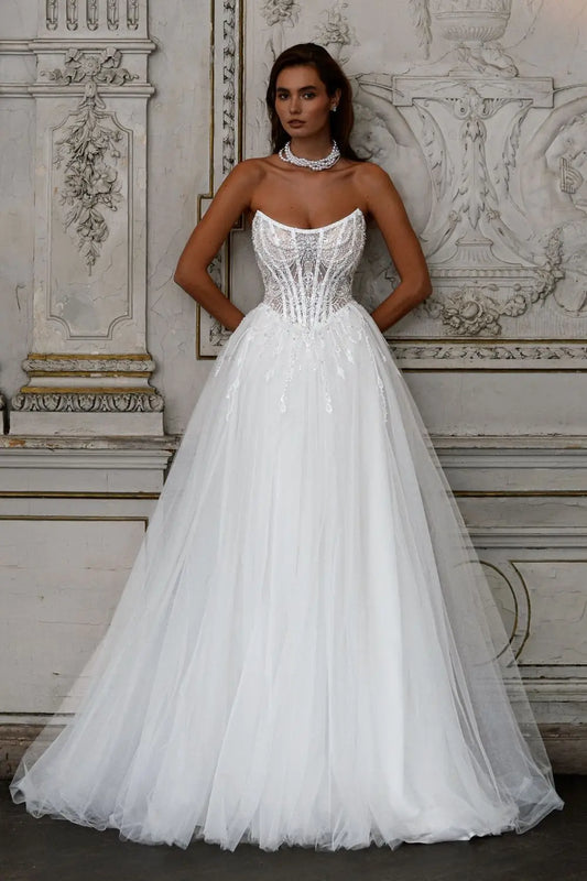 Neckline Beaded Lace Bridal Grown A Line Wedding Dresses Sweep Train Custom Made 2025 Vestido De Noival