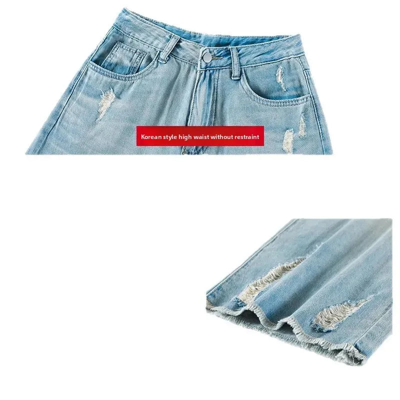 Retro Hole Straight Leg Denim Jeans Women