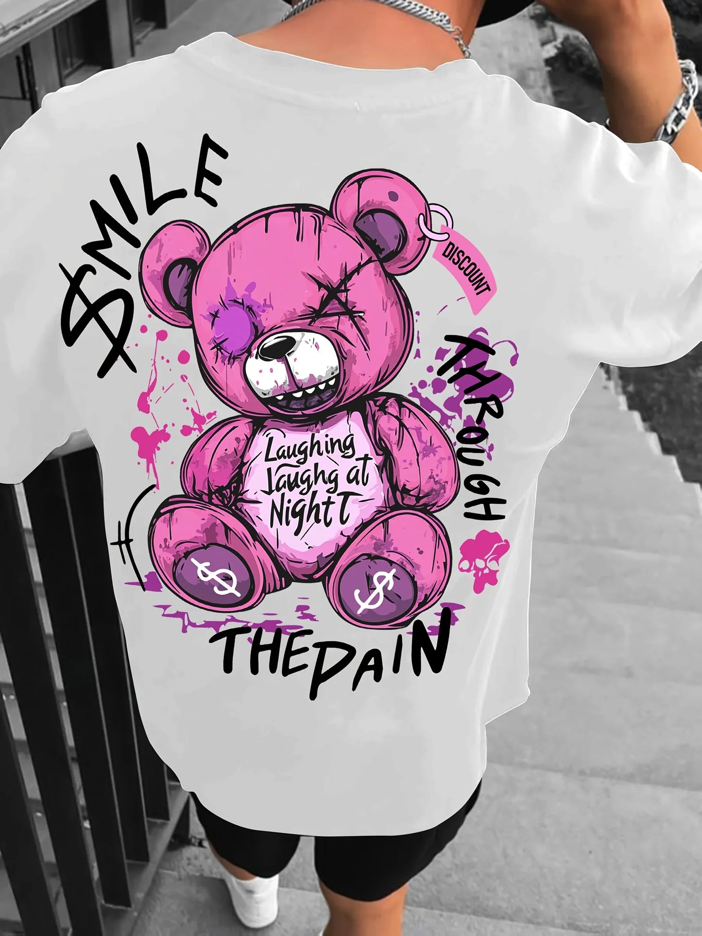 Trendy style new summer men's teddy bear letter print breathable and comfortable round neck T-shirt outdoor high street top