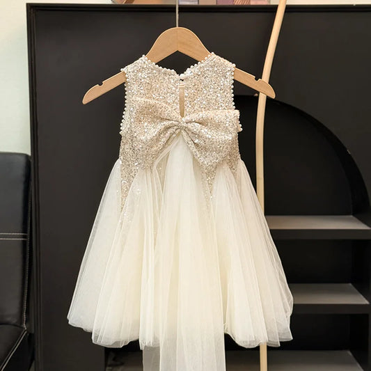 Summer Girls Tulle Dress Princess Sequined Puff Mesh Gown Kids Birthday Party Vestidos Children Casual Fashion Clothes 2-10Y