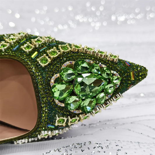 Elegant Fruit Green Women's Green Heels and Rhinestone Handbag Set - Italian Design for Weddings and Parties