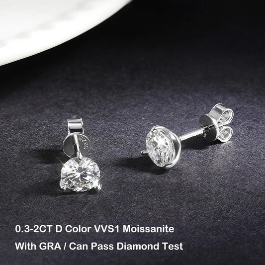925 Sterling Silver 3 Prong Moissanite Stud Earrings 1ct D VVS1 Diamond with GRA for Women Wedding Party Fine Jewelry Gift