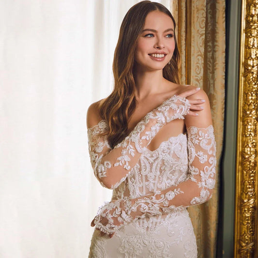 Customized Sexy Mermaid Strapless Wedding Dresses Long Sheer Sleeves Applique Bridal Low Back Pearl Vestidos De Novia
