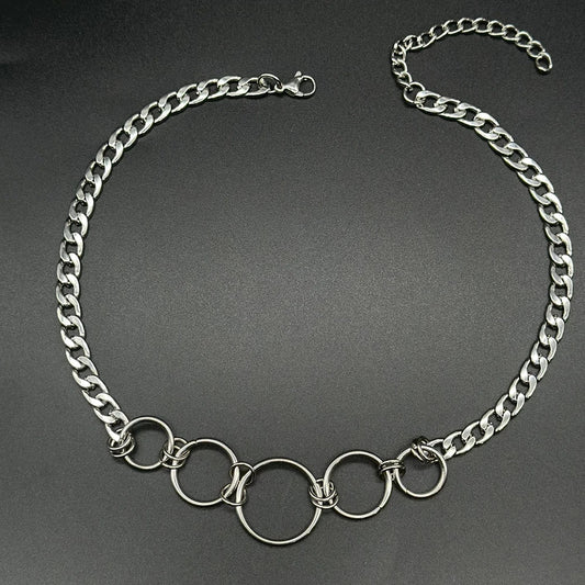 Goth Stainless Steel Curb Chain Circle Choker Necklace for Women Grunge Alternative Collar Adjustable Length