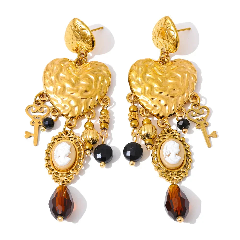 Vintage Stainless Steel Heart Cross Key Charm Pendant Drop Earrings Golden Plated Crystal Resin Stone Waterproof Jewelry