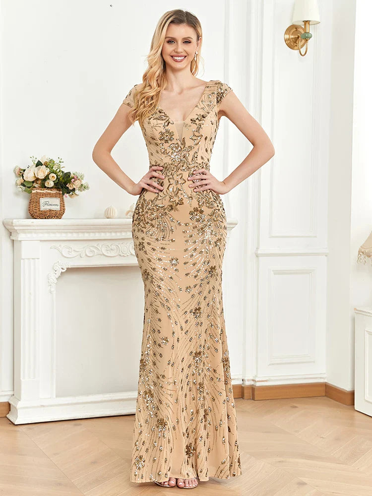 Elegant Champagne Evening Dress For Women Long 2024 Luxury Mermaid Formal Sequins Prom Wedding Party Cocktail Dresses