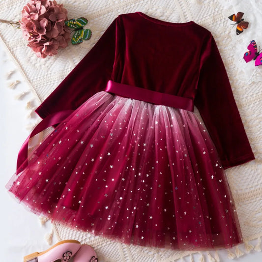Bear Leader Autumn Winter Long Sleeved Girls Dresses Christmas Red Kids Wear Korean Version Star Gradient Mesh Princess Dress