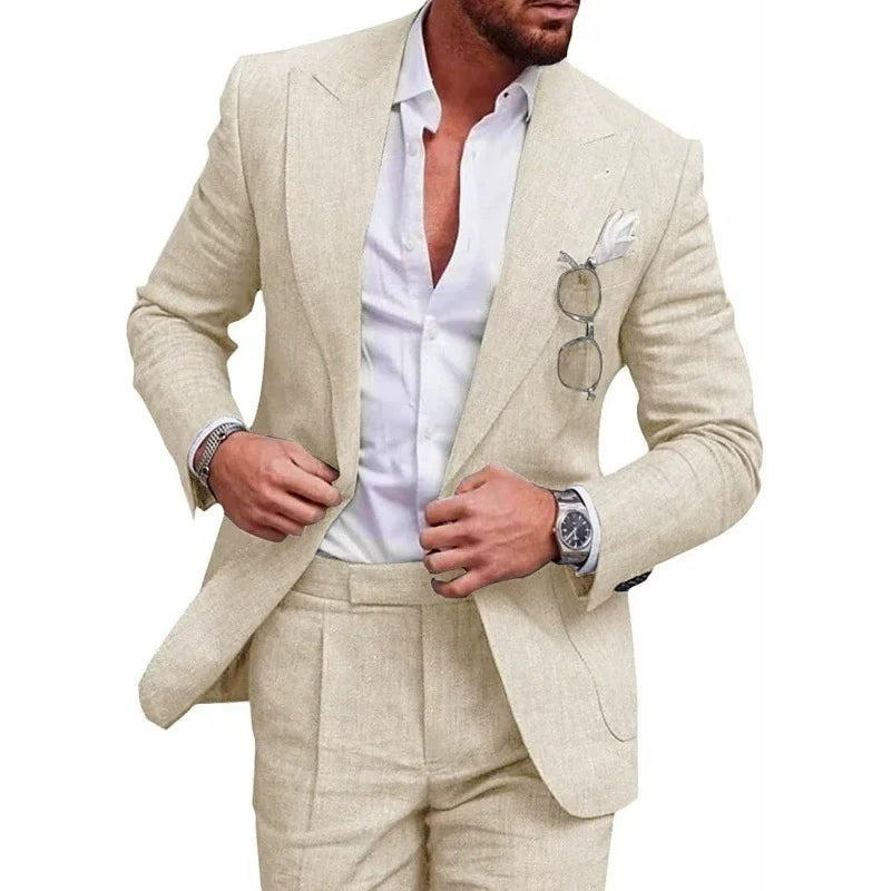 Mens Linen Suit for Beach Wedding Slim Fit 2 Piece Wedding Tuxedo for Men Casual Linen Suit Prom Party Suit