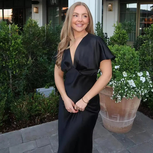 Midi Satin Dress Womens Dresses Black Khaki Blue Dress Summer 2025 Woman Ruffled V-Neck Bat Sleeve Vestido Party Dress 066