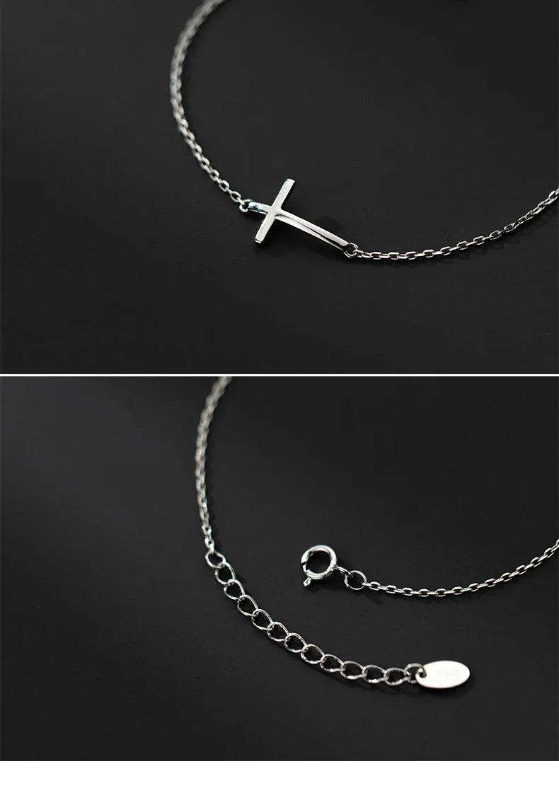 Real 925 Sterling Silver Smooth Cross Bracelet For Women Shiny Link Chain Bracelet Fine Jewelry Valentine's Day Gift