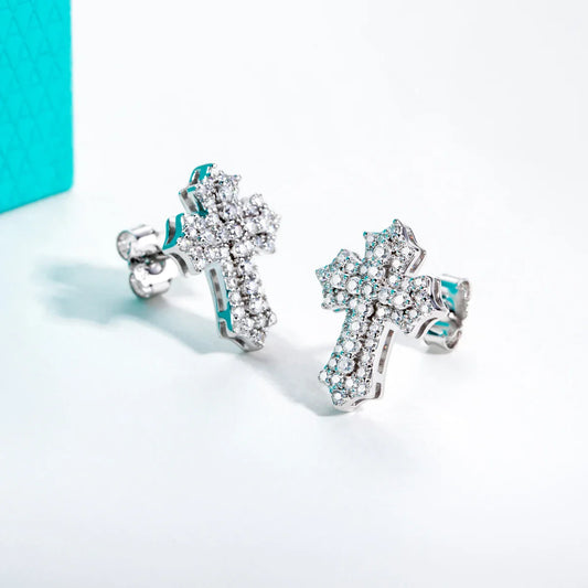 0.78cttw Iced Out Moissanite Cross Stud Earrings 925 Sterling Silver Pimped Out Earring New Age Hip Hop Jewelry for Men