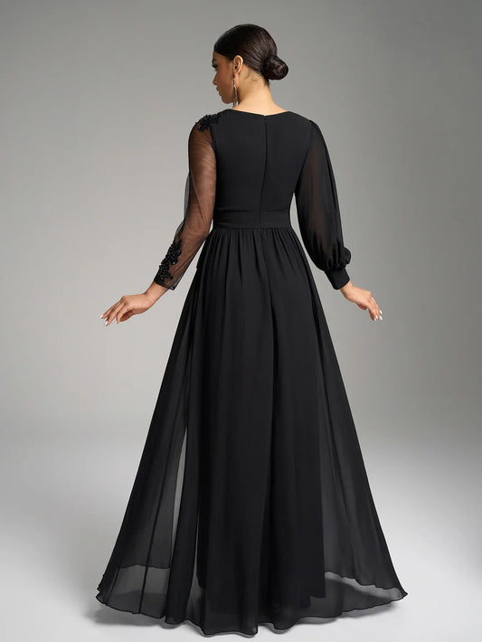 round Neck Asymmetrical Lantern Sleeve Luxury Bead Splicing Belted Waist Black Elegance Evening Dress Evening Gown