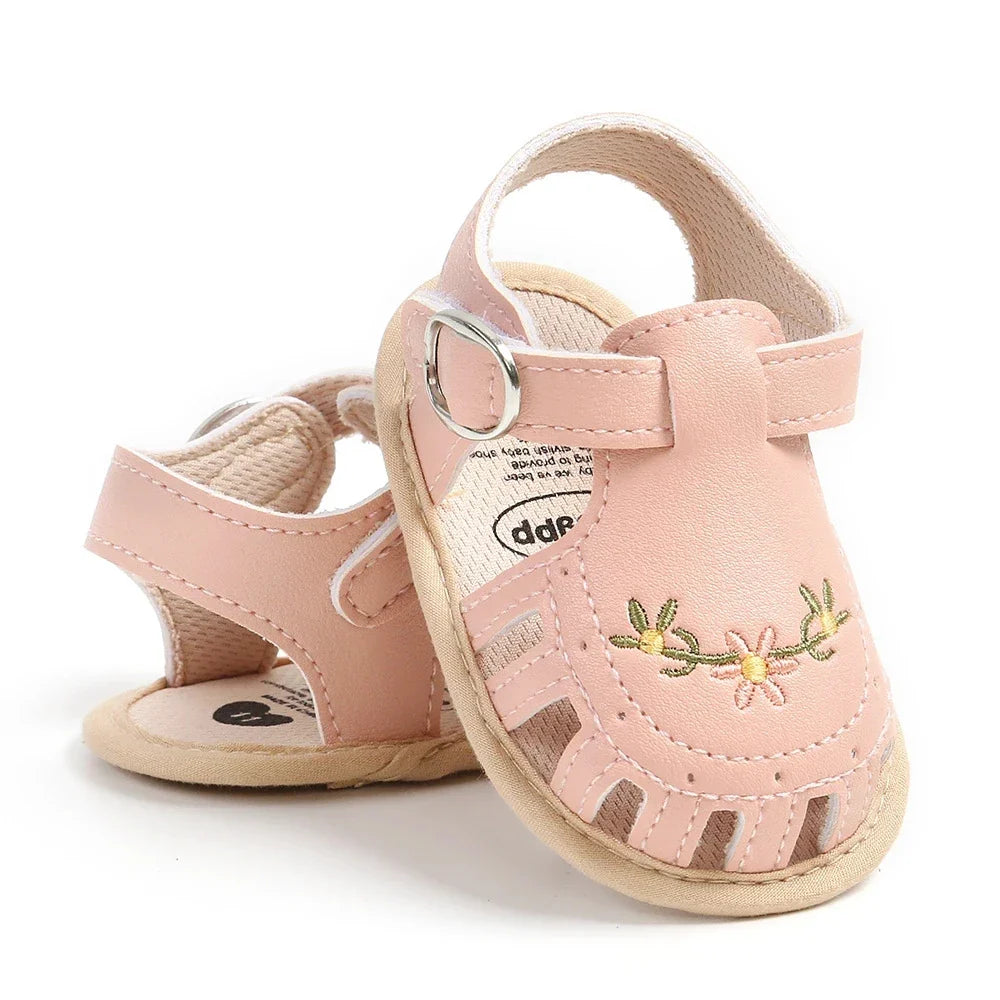 Newborn Baby Girl Sandals Summer Embroidered Leisure Comfortable Lightweight Floral Soft Sole Wrap Toe Sandals For 0-18M