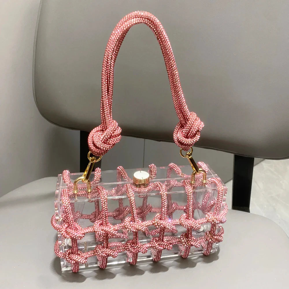 Bolsa de Noite com Alça e Strass Prateada de Cristal Feita à Mão para Mulheres, Bolsas e Bolsas de Mão de Designer de Luxo para Banquete