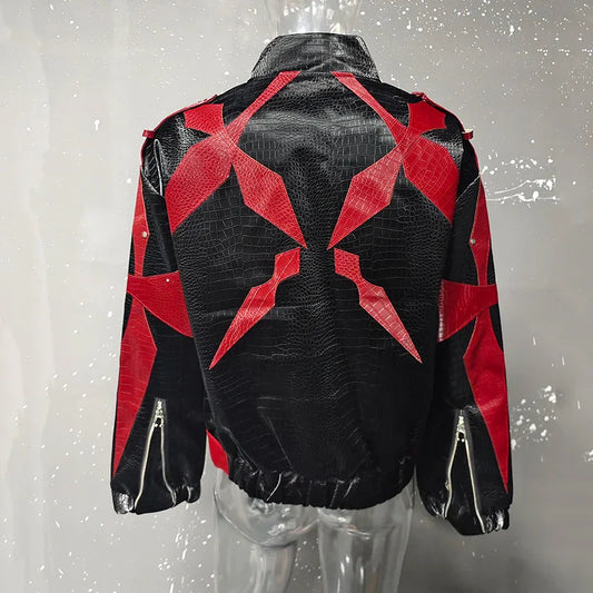 Men's PU Leather Jacket 2025 Trend New Zipper Stand Collar Contrast Color High Street Coats Fashion Menswear 21E2807