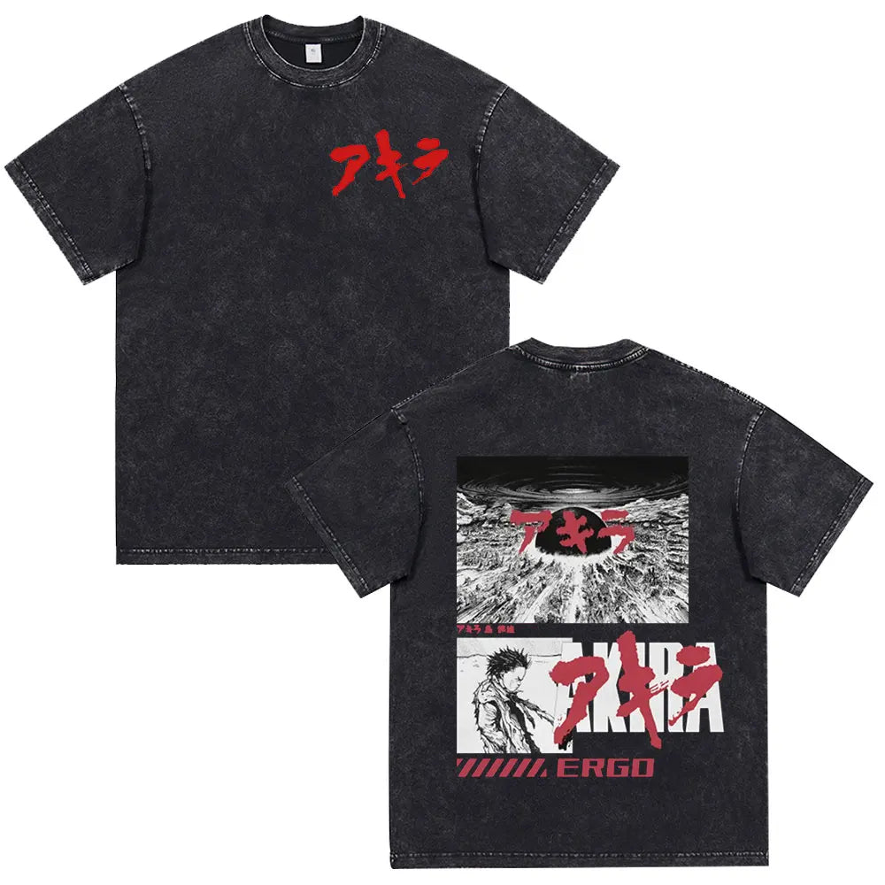 Japanese Anime Akira Washed Vintage T Shirt Science Fiction Cartoon Movie Shotaro Kaneda T-shirt Men Women Cotton Casual T-shirt