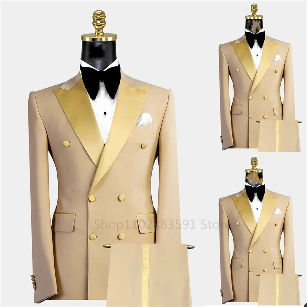2 Pieces(Blazer+Pants)Men's Suit Double breasted Tuxedos Formal Slim Fit Notch Lapel Party Solid Groom Khaki Suits For Wedding