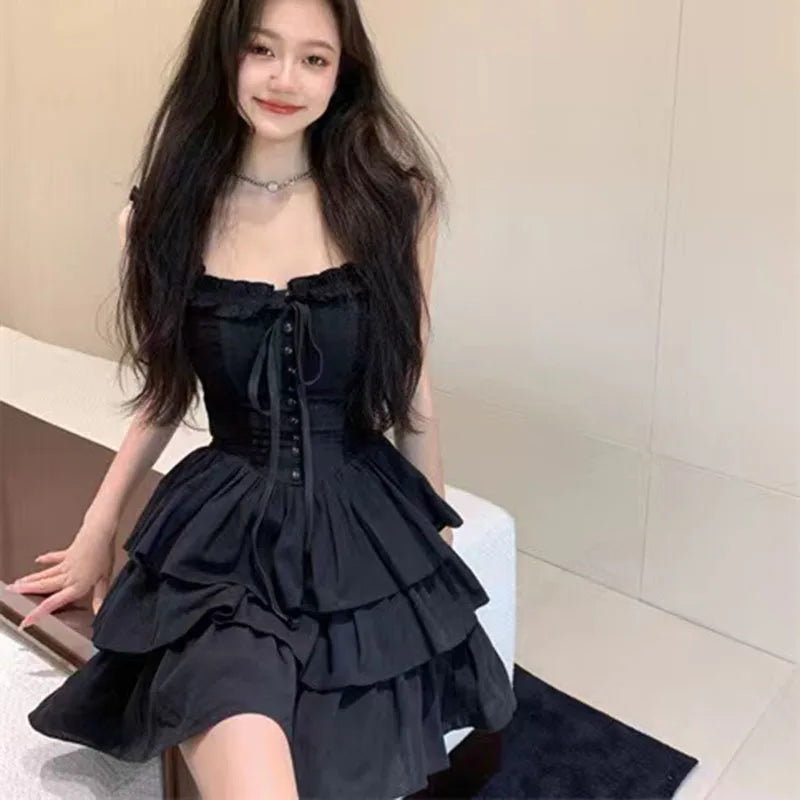 Gothic Black Sexy Slip Dress Y2K Harajuku Streetwear Punk Lace Up Cake Dress Female Summer Korean Fashion Party Ruffles Dresses