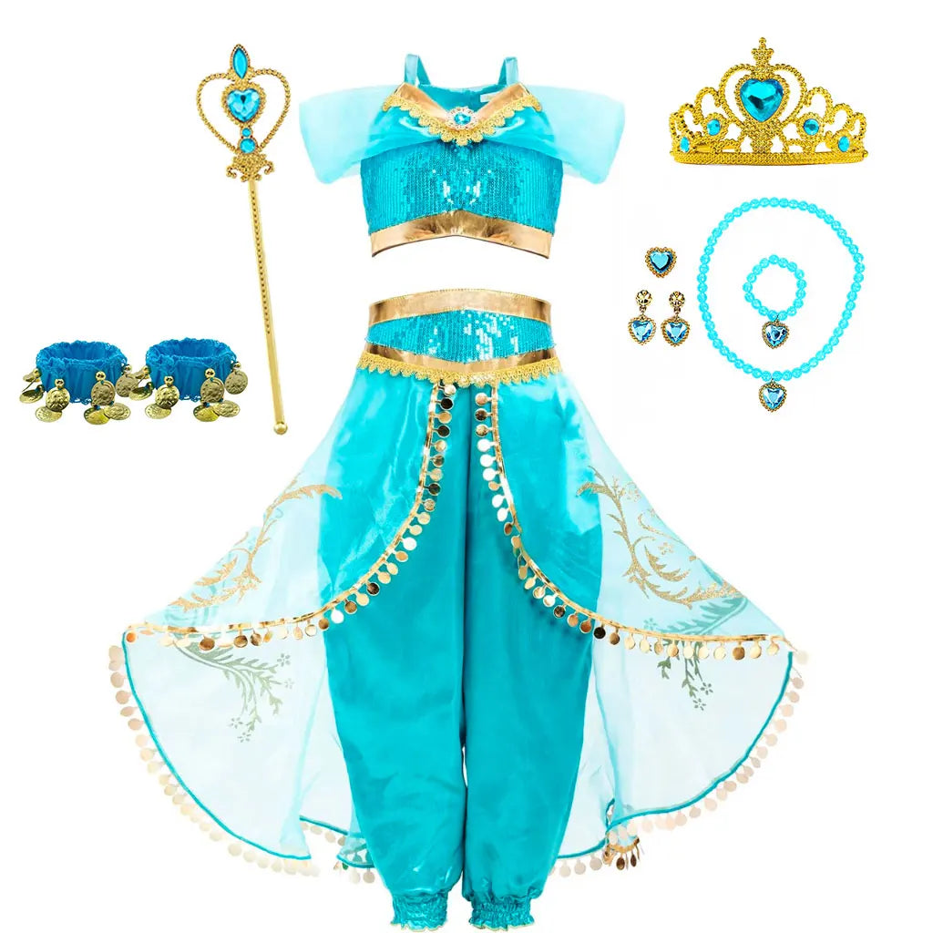Aladdin e a Lâmpada Mágica Jasmine Fada Fantasia Vestido de Princesa para Menina Roupas de Halloween Carnaval Cosplay Elegante 2026