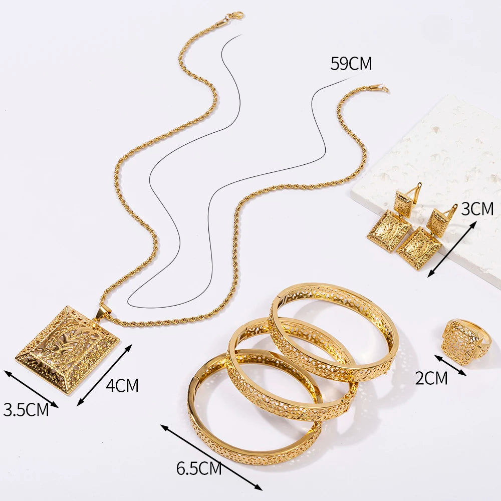 Morocco Dark Gold Color Jewelry Set for Party Design Earrings and Pendant Necklace Bracelet Ring Set for Engagement