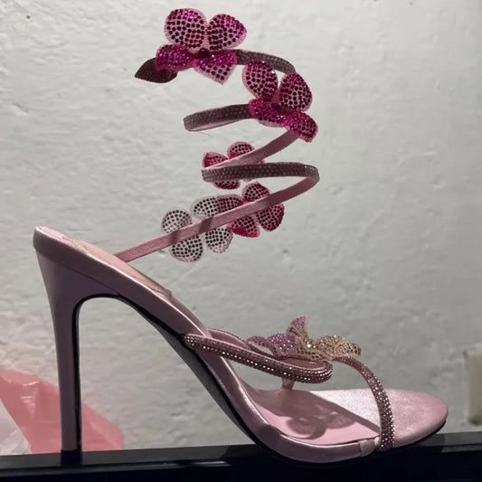Luxury Designer Pink Flower Rhinestone High Heels Sandals Shoe Sexy Wrap Strap Open Toe Stripper Prom Party Ladies Shoes