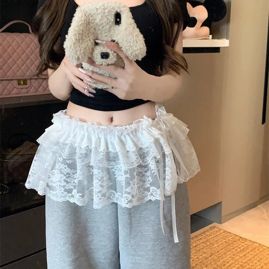 Korean Sweet Embroidered Ruffled Lace Trim Fart Curtain A Line Skirt Women High Waist Layering Cake Skirts Y2K Girls Streetwear