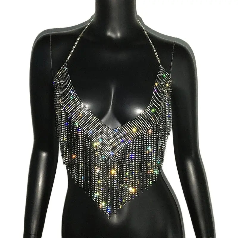Bling Rhinestones Tassel Party Crop Top Woman Fashion Halter Neck Backless Design Full Diamond Sequins Nightclub Clubwear