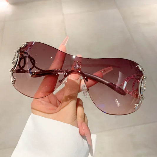 Y2K Rimless Luxury Brand Designer Sunglasses Women For Men One Piece Trendy Oversized Sun Glasses Metal Snake Pink Punk Shades