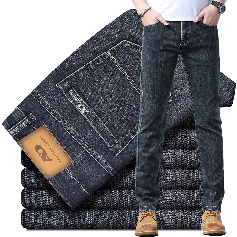 2026 Brand New Men Straight Blue Gray Jeans Business Fashion Classic Style Cotton Stretch Denim Pants Male Brand Trousers