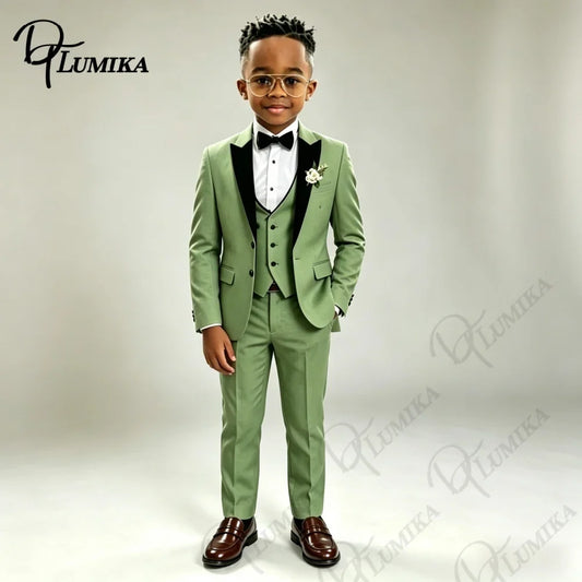 Three-Piece Suit with Vest for Boys, Green Wedding & Party Style