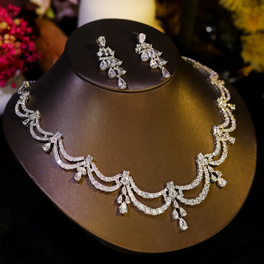 High Quality Two-layer Wavy Necklace Light Luxe Zircon Jewelry Set Bride Wedding Dress Accessories Ornaments Girlfriend's Gift