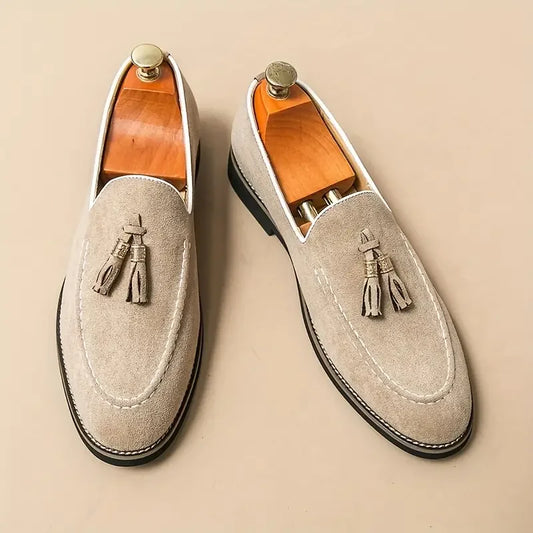New Fashion Tassel Leather Men Shoes Slip On Loafers Round Toe Patchwork Suede Dress Shoes Man Daily Wedding Party Shoes for Man