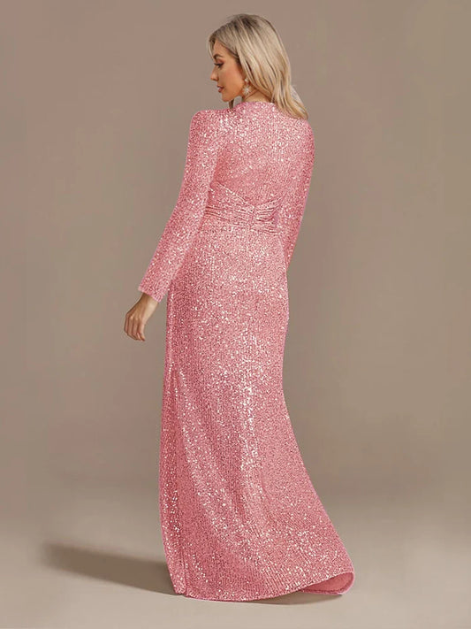Luxury Long Sleeves V-Neck Sequins Evening Dresses Elegant Wedding Party Women Guests Prom Cocktail Gowns