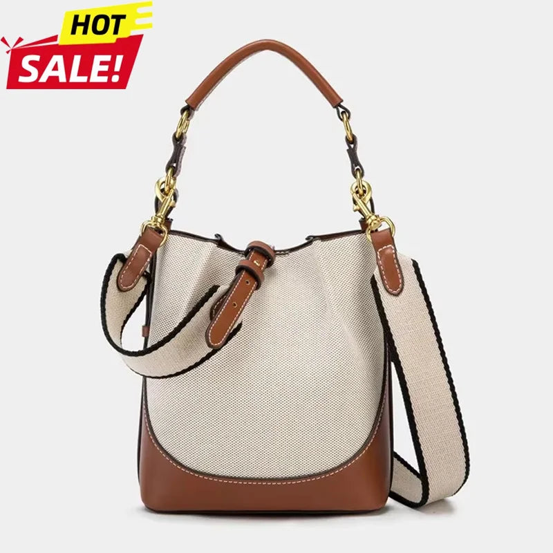 New Women's Large Capacity Bucket Bags with Wide Shoulder Strap Single Shoulder Handbag Drawstring Handheld Crossbody Bags