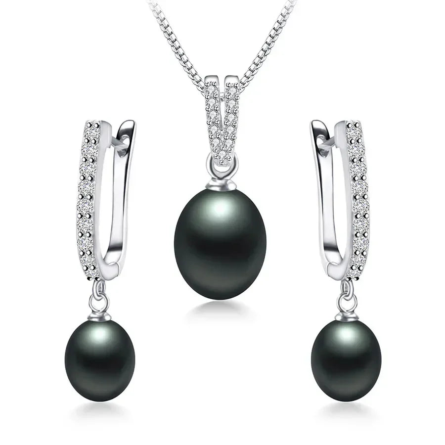 Horseshoe 8-9mm Rice Freshwater Pearl Earrings&Necklaces Jewelry Set for Women 925 Sterling Silver 45cm Pendant Necklace