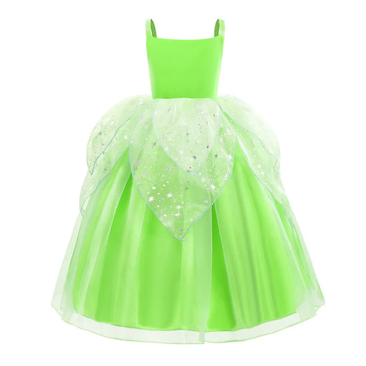 2024 Pixie Fairy Ball Gown Off Shoulder Suspenders Frock Tinker Cosplay Girls Delicate Fancy Princess Dress Toddler Elf Costume