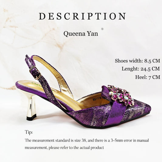 Elegant Mature Purple Color Style Rhinestone and Print Design Pointed Toe High Heels and Bag Set for Party Wedding