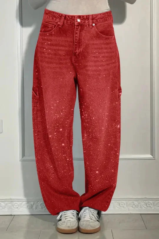 Calça Jeans Feminina Mom Pantalona Perna Larga Hot Drilling Cintura Alta Reta Y2k Streetwear Casual Punk Solta