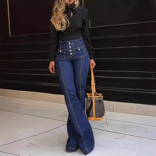 Slim Fit American Retro Patchwork Denim Jeans Women's Spring Summer New Style Elastic Flared Pants Casual Female Wear