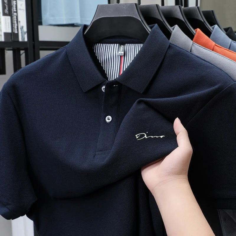 Brand 100%pure cotton short sleeve polo shirt men's new fashion letter embossed business casual solid color summer lapel T-shirt