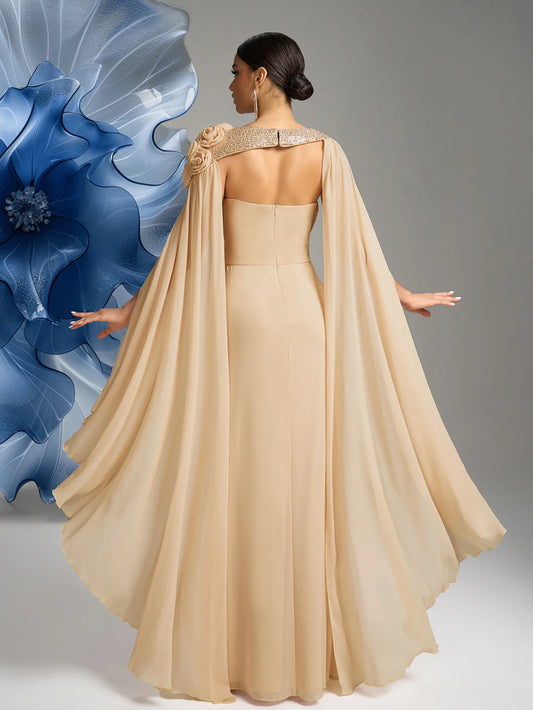 Women's Tube Top Floating Piece Sleeve Three - Dimensional Flower Slit Evening Dress