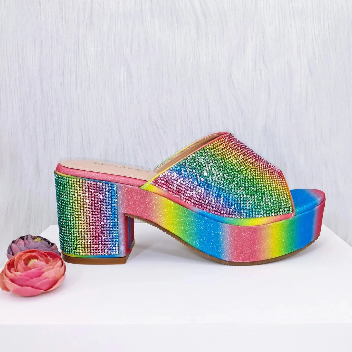 Italian Design Rainbow Colored Rhinestone Striped High Heels, Nigerian Paired With Open Sandals, Shoes Bag Set For Women